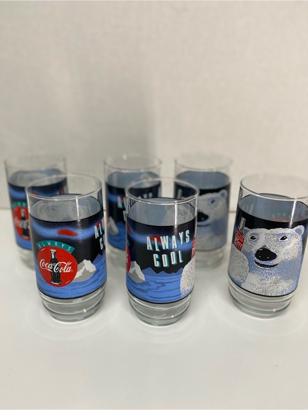 Coca-Cola Vintage Polar Bear Design Always Cool Drinking Glasses 1990's Set of 6